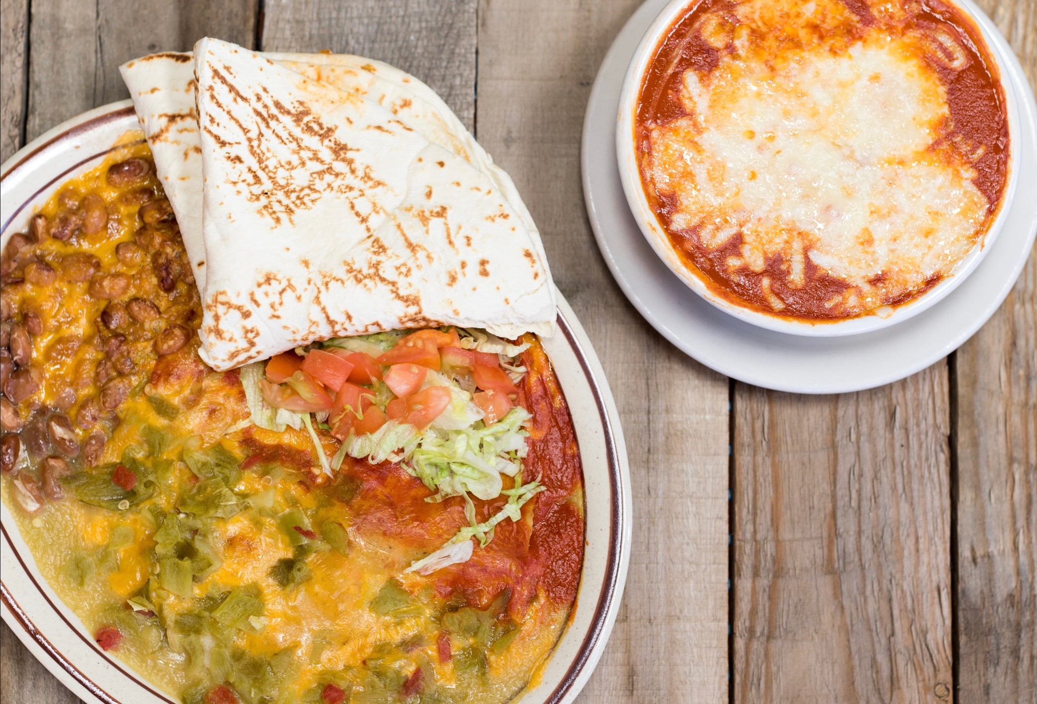 Duran Central Pharmacy signature dishes Huevos Rancheros, Carne Adovada, Duran's Burrito, Hand-rolled Tortillas